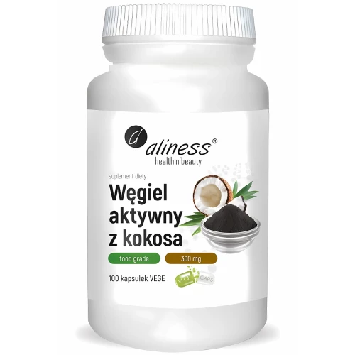 Aliness - Węgiel aktywny z kokosa Food Grade 300 mg - 100 kapsułek Aliness - Węgiel aktywny z kokosa Food Grade 300 mg - 100 kapsułek